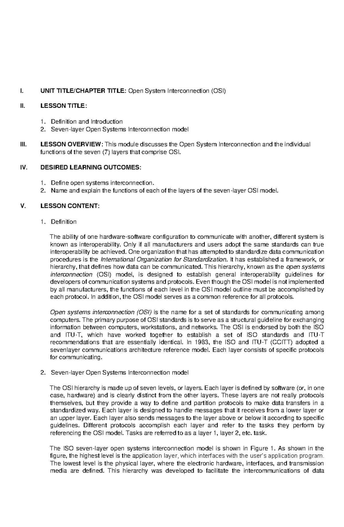 Data Communications - Lesson 4 - I. UNIT TITLE/CHAPTER TITLE: Open ...