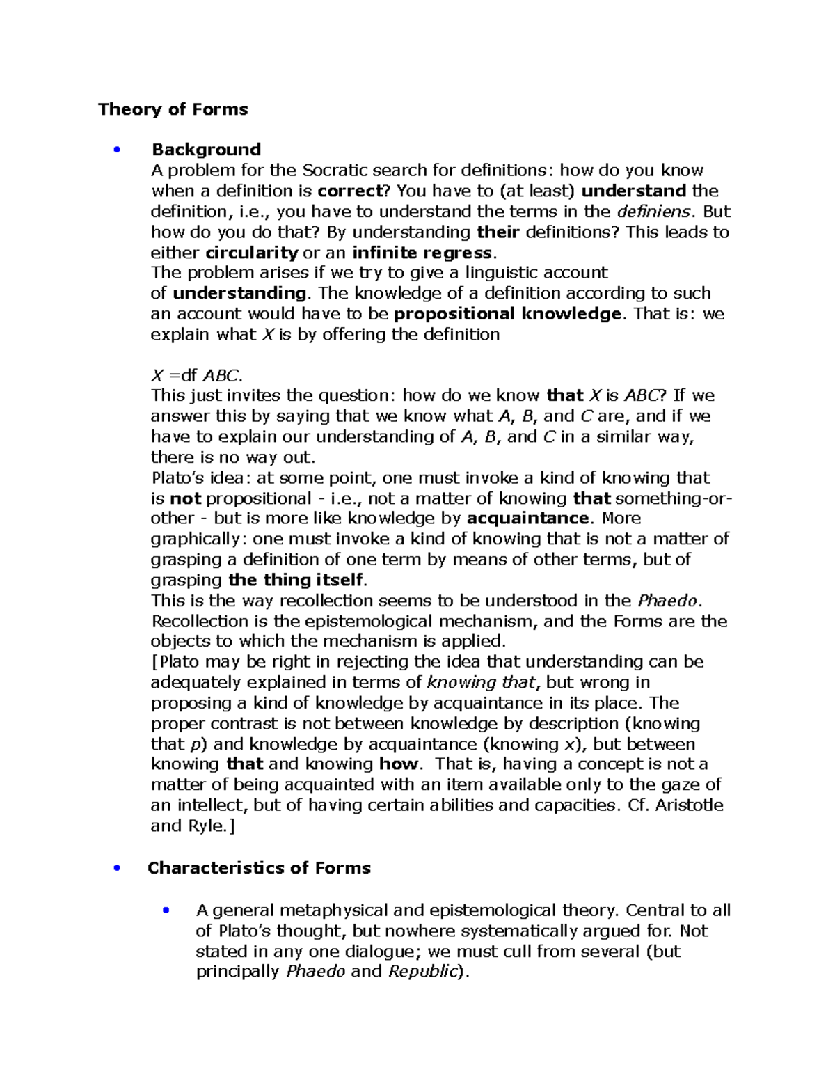 Phil 21 Plato's theory of forms philosophy class notes Theory of