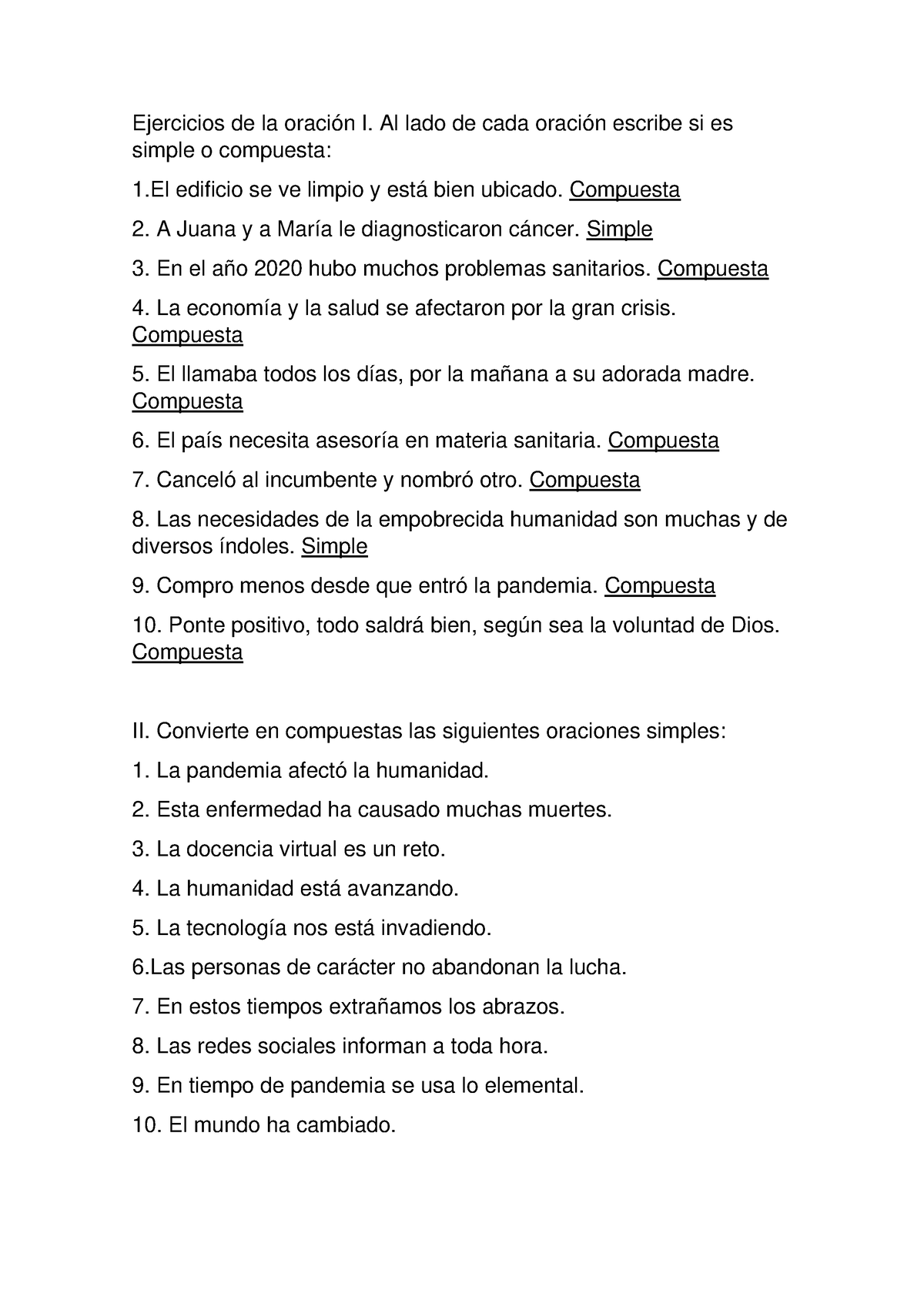 Ejercicios De La Oración I - Al Lado De Cada Oración Escribe Si Es ...