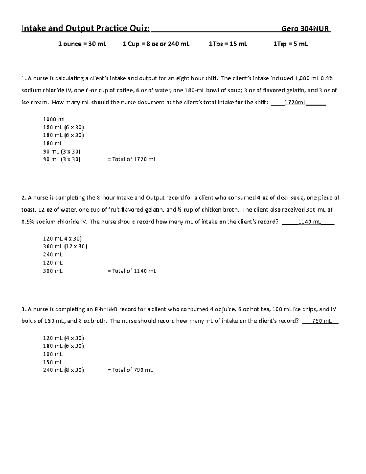 Intake & Output Quiz Gero 304 C.H - Intake and Output Practice Quiz ...