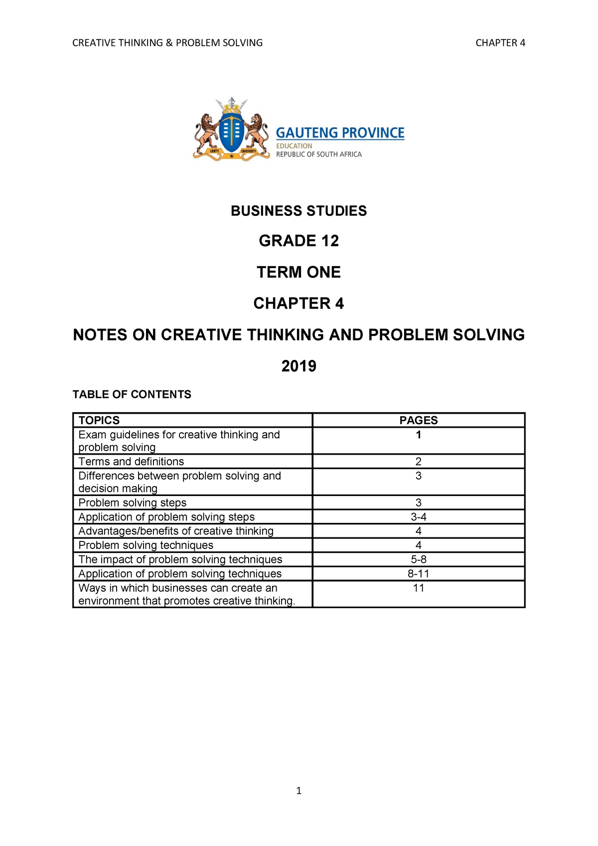 business studies creative thinking and problem solving notes