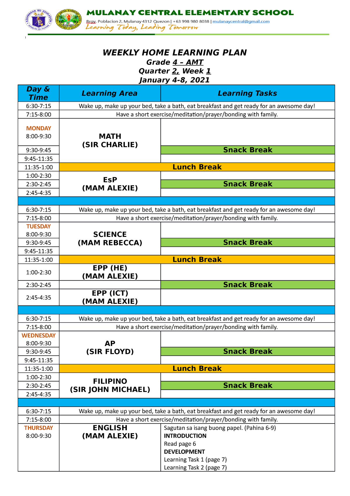 Q2 WHLP - None - WEEKLY HOME LEARNING PLAN Grade 4 – AMT Quarter 2 ...