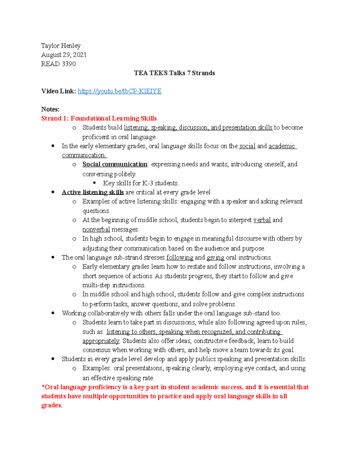 TEA TEKS 7 Strands Video Notes (READ 3390) - READ 3390 - Lamar ...