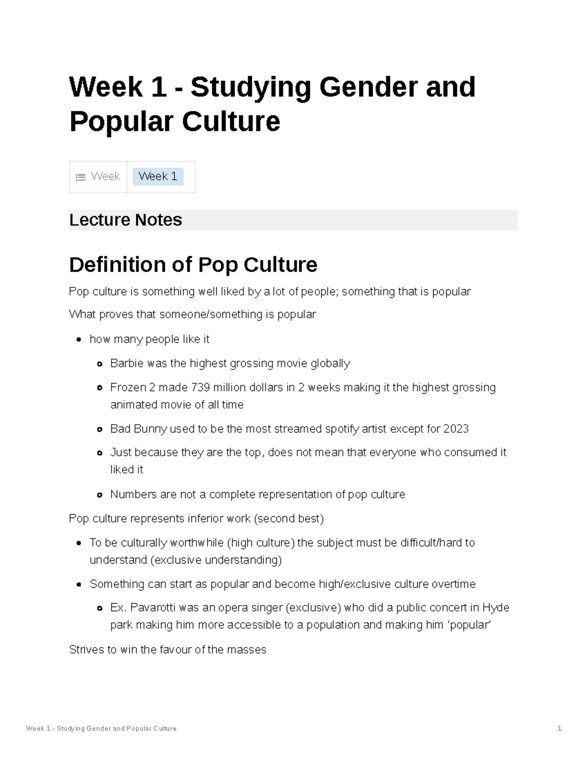 GSWS 2161B Week 1- Studying Gender and Pop Culture - Week 1 - Studying ...