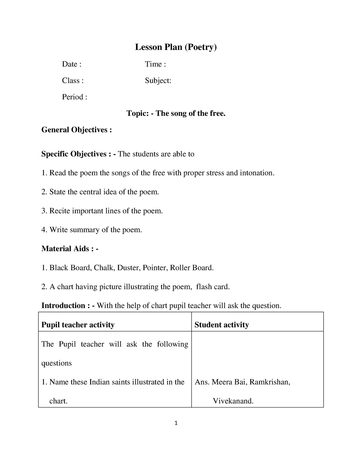 English Lesson Plan-Poetry - Lesson Plan (Poetry) Date : Time : Class ...