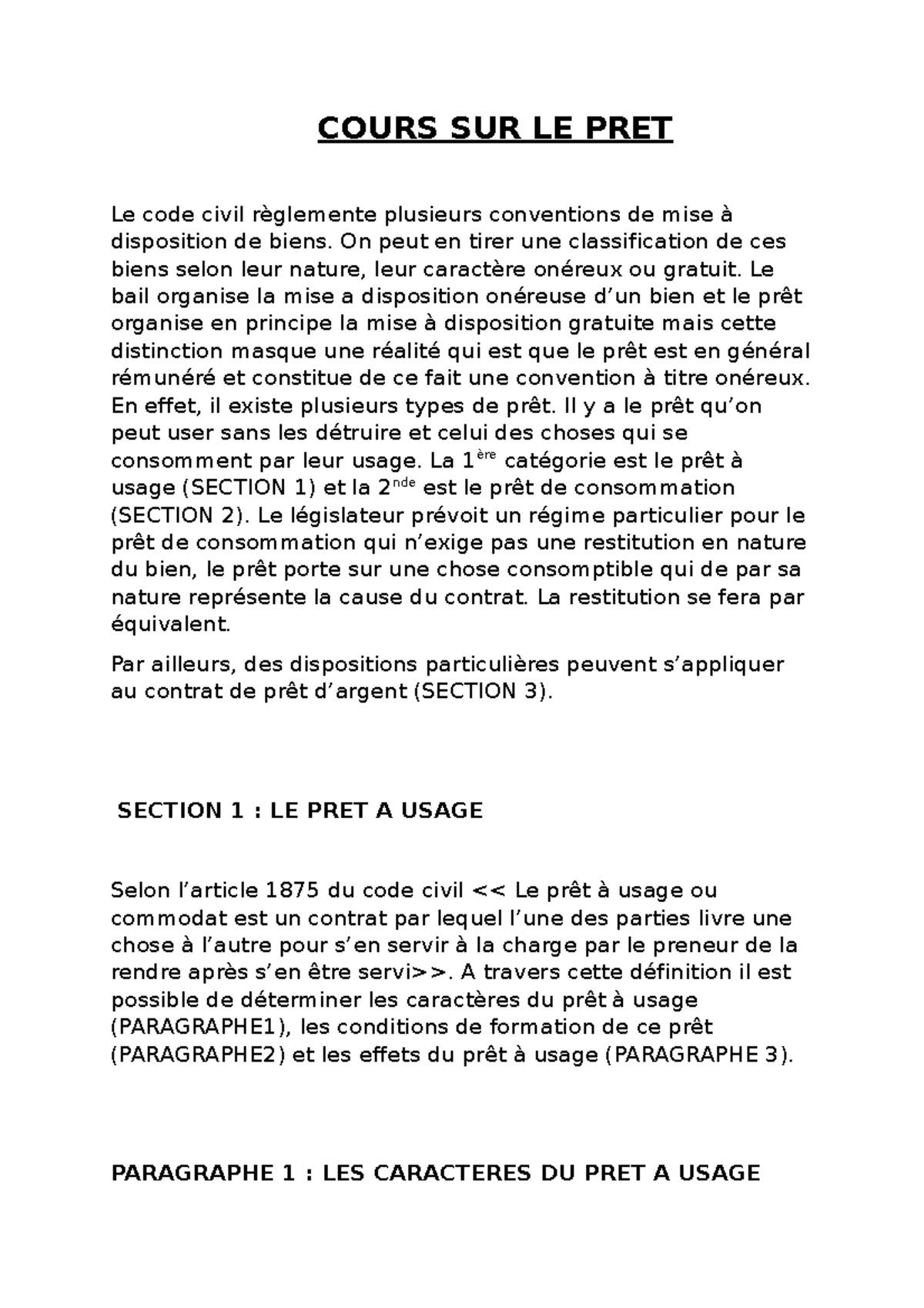 Contrats Speciaux Cours SUR LE PRET - COURS SUR LE PRET Le code civil ...