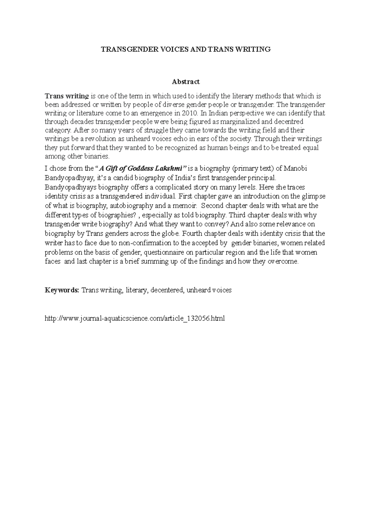 Abstract on Gender and queer theory - TRANSGENDER VOICES AND TRANS ...