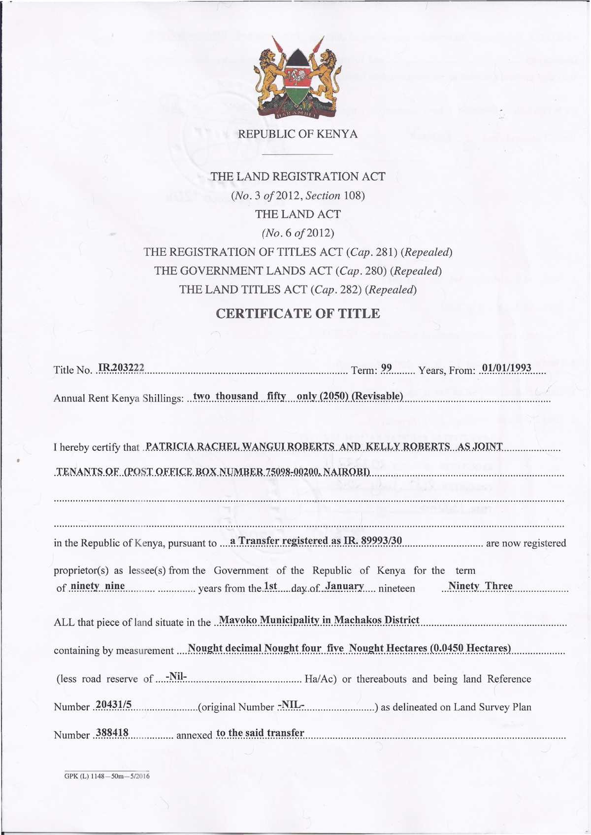 Certificate Of Title 20431 5 REPUBLIC OF KENYA THE LAND   Thumb 1200 1695 