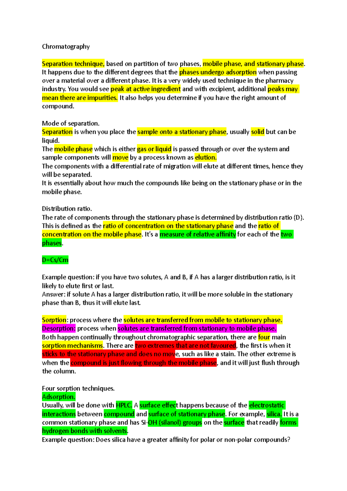 Chromatography 1 notes - Chromatography Separation technique, based on ...