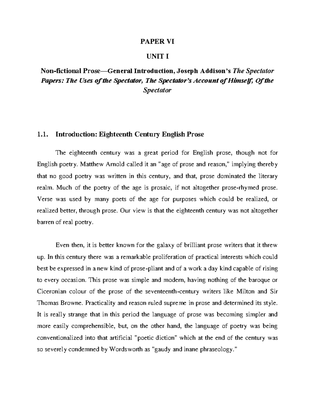 Paper 06 Essays about Joseph Addison other writers. PAPER VI UNIT I Nonfictional Prose