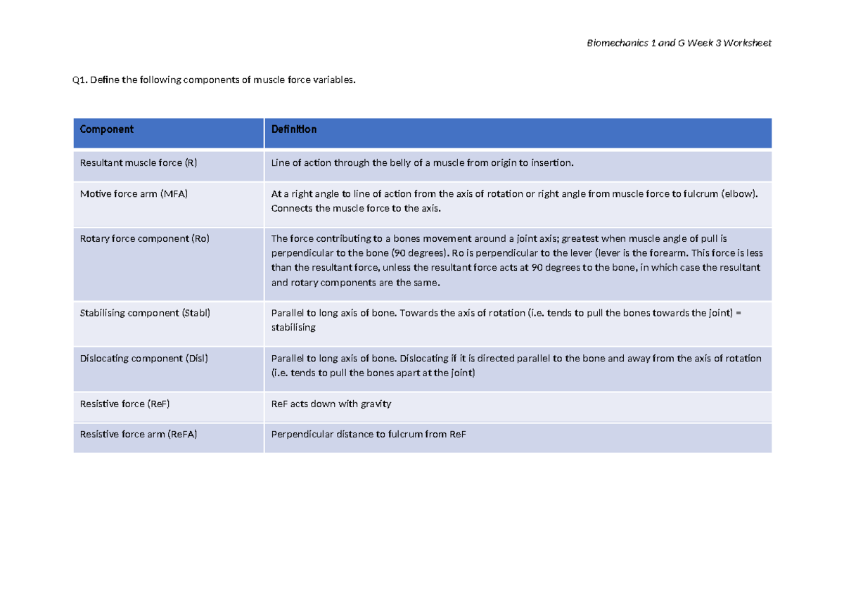 Student Worksheet Week 3 Answers Machines - Biomechanics 1 and G Week 3 ...