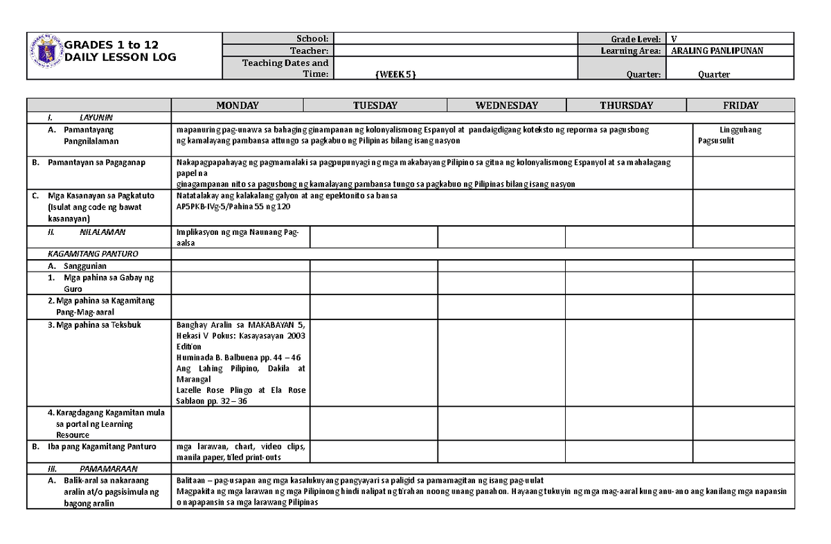 Grade 5 DLL Araling Panlipunan 5 Q4 Week 5 - GRADES 1 to 12 DAILY ...