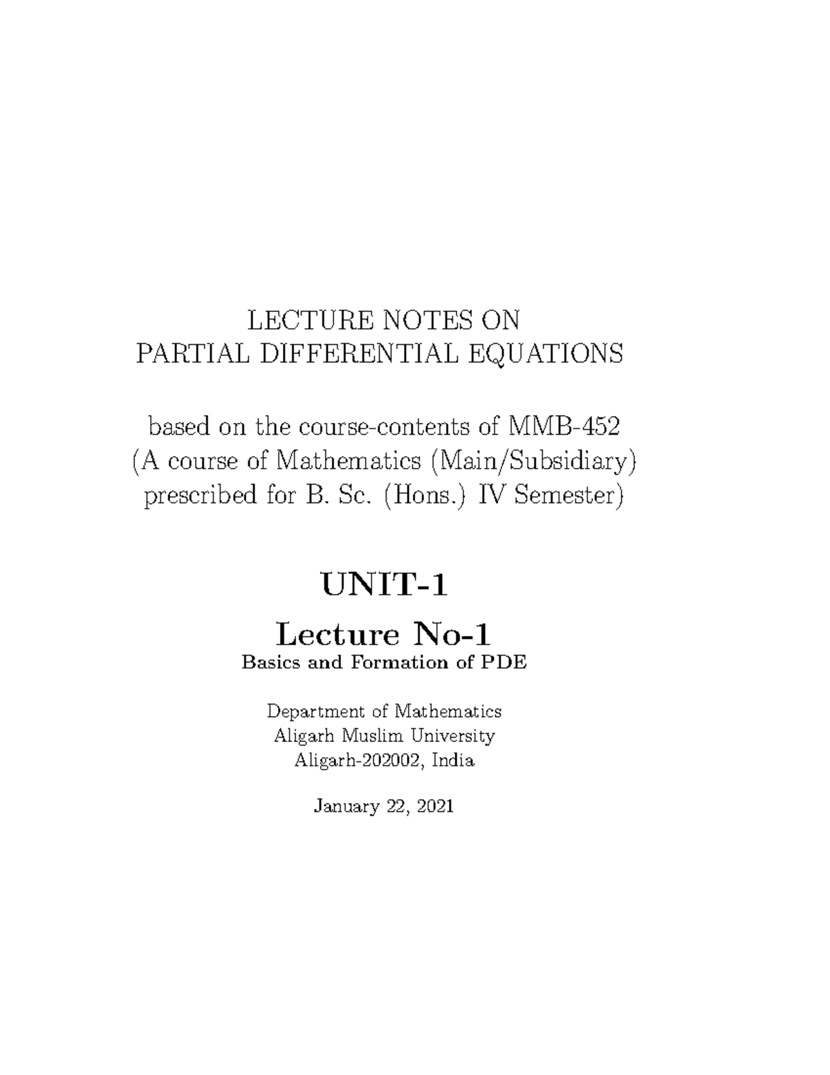 4th Sem PDE - Pde For B.sc - LECTURE NOTES ON PARTIAL DIFFERENTIAL ...