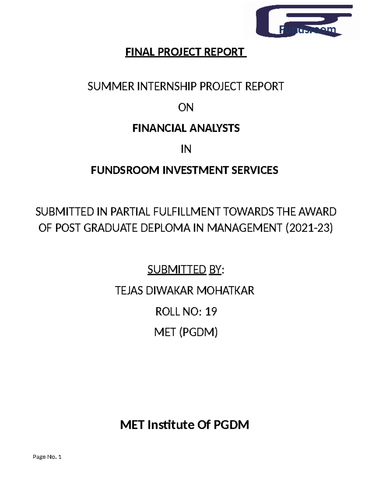 Pdfcoffee.com final-project-report-21-pdf-free - FINAL PROJECT REPORT ...