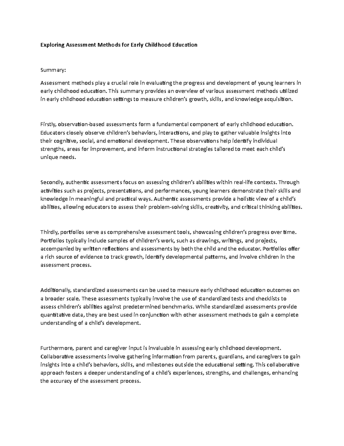 Exploring Assessment Methods for Early Childhood Education (SUMMARY ...