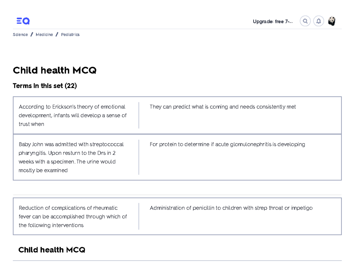 Child Health MCQ Flashcards Quizlet - Upgrade: Free 7-... Child Health ...