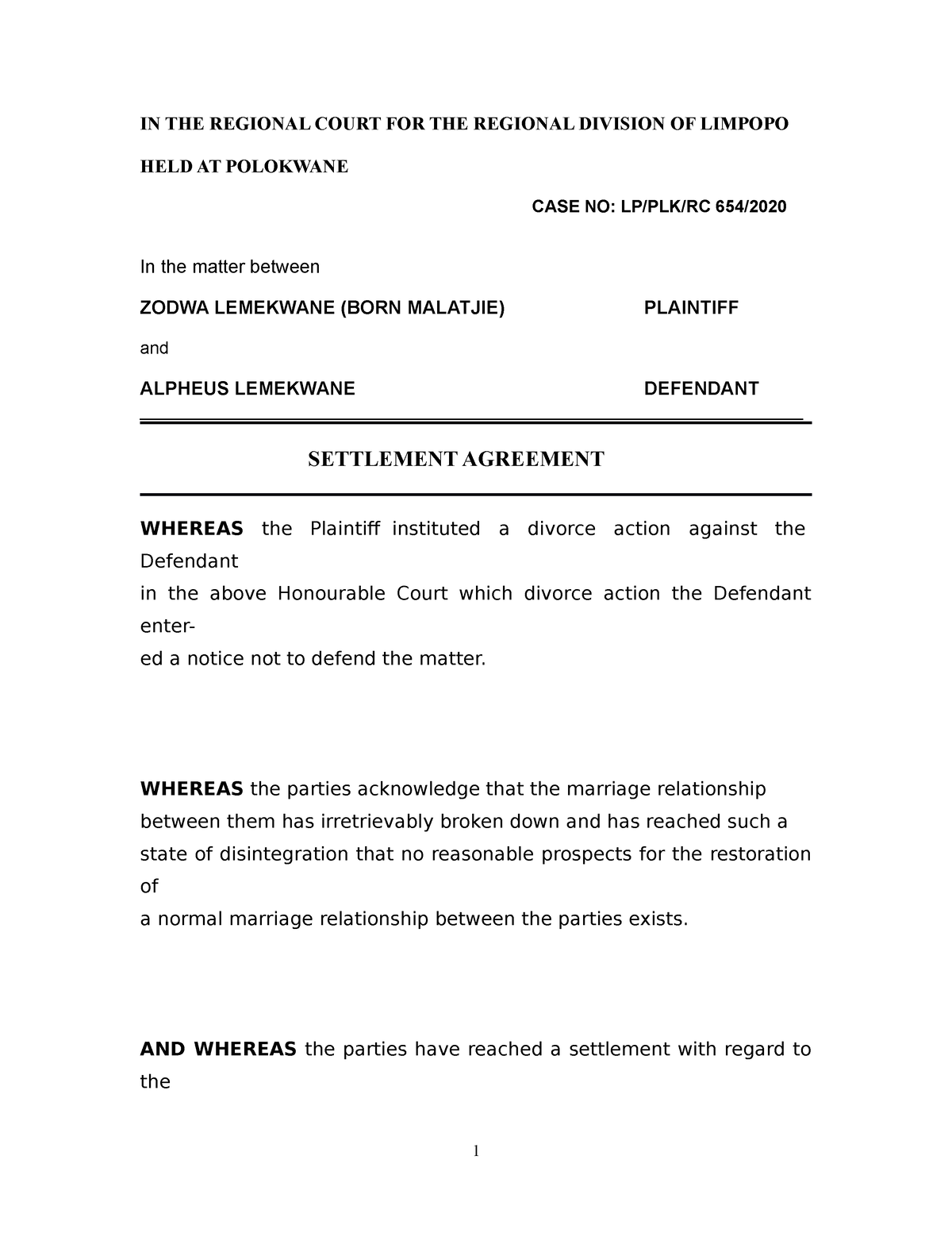 Settlement Agreement Sample IN THE REGIONAL COURT FOR THE REGIONAL