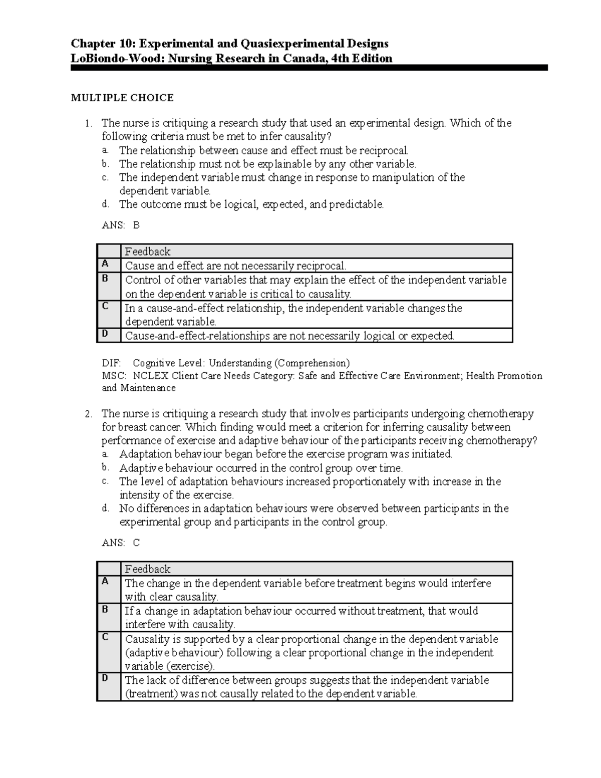 Chapter 10 - Test Bank - Chapter 10: Experimental And Quasiexperimental ...