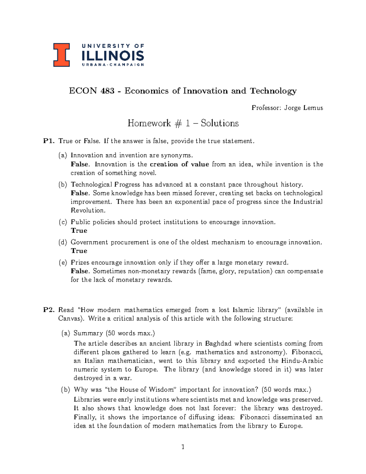 Homework 1 - Solutions - HW1 solution - ECON 483 - Economics of ...