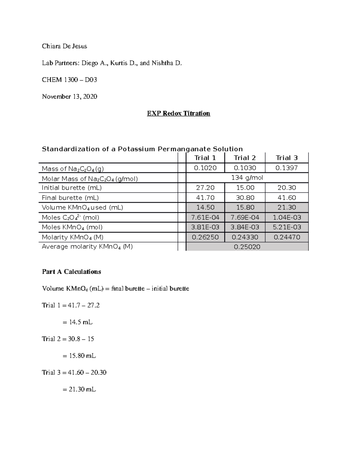EXP Redox Titration LAB Report Chiara De Jesus Lab Partners Diego A