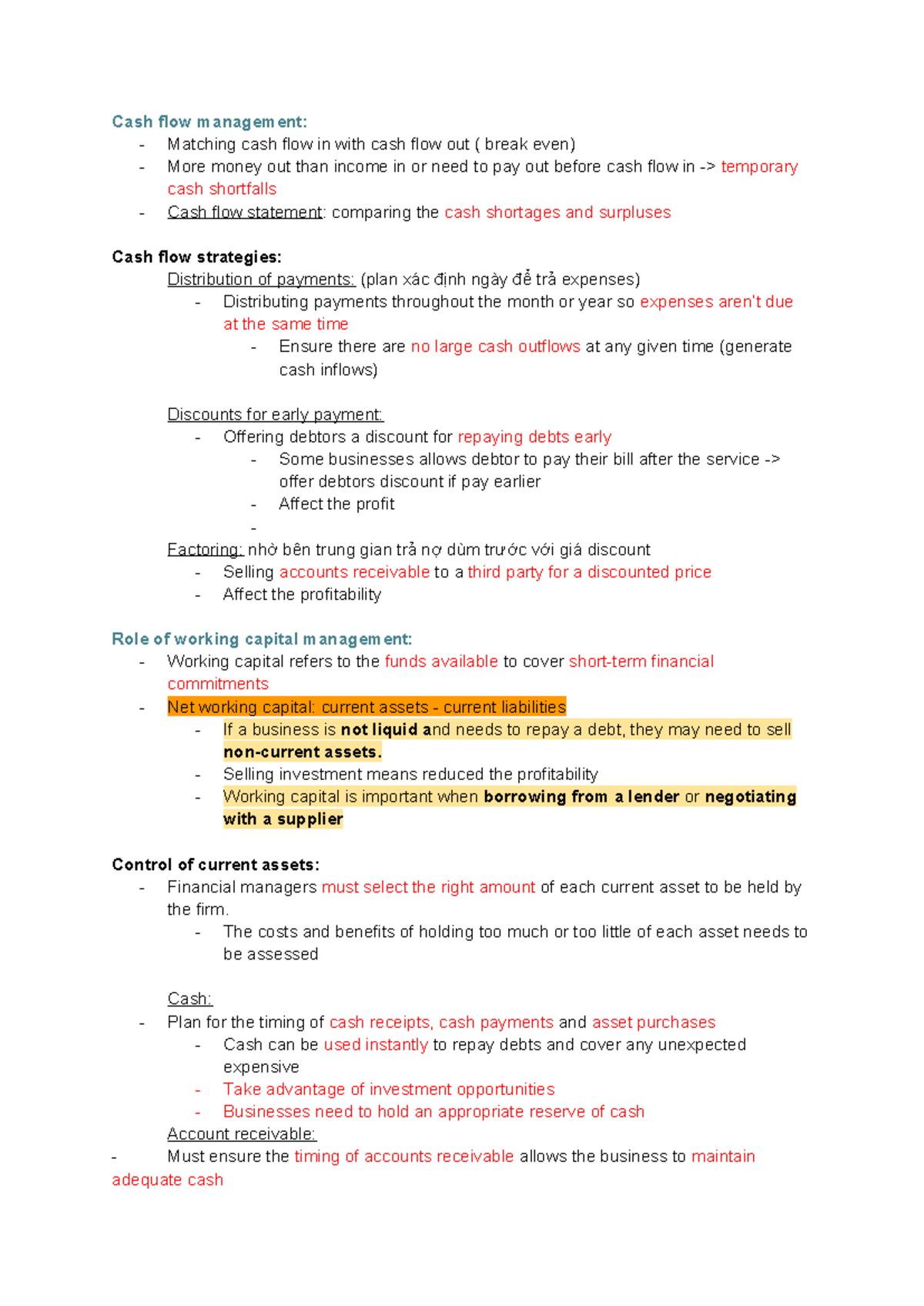 Cash flow - cash flow note - Cash flow management: - Matching cash flow ...