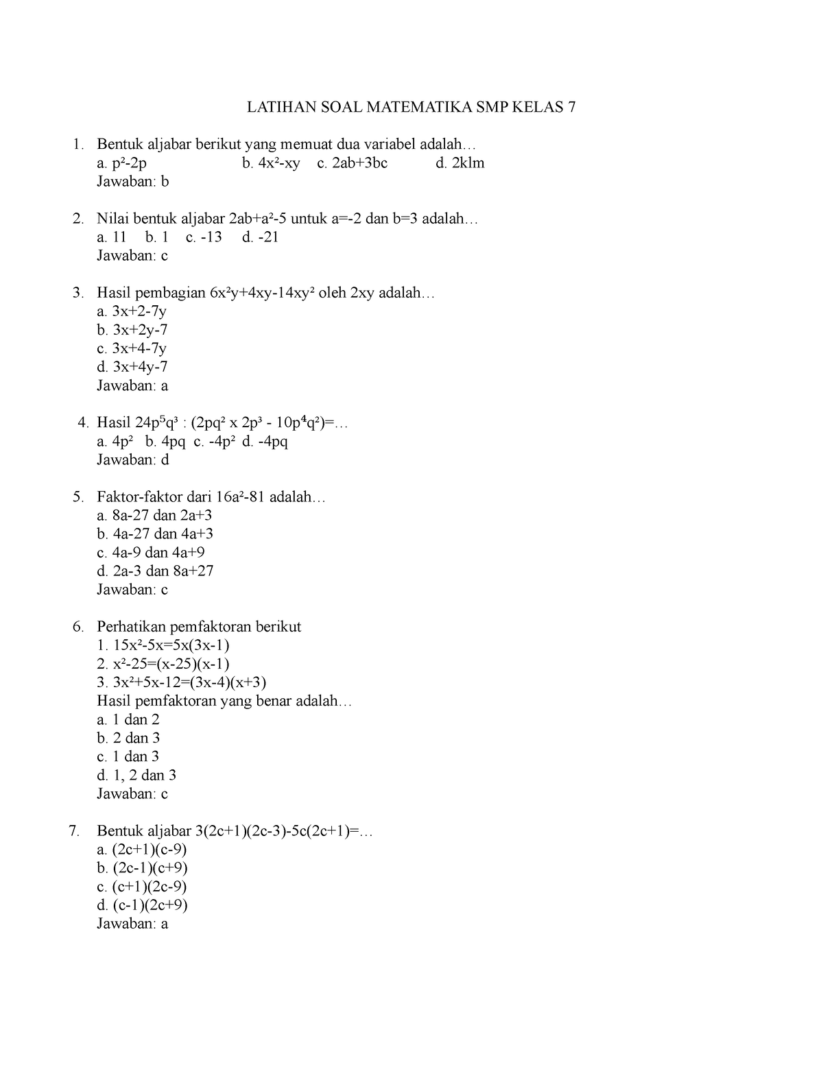 Latihan SOAL Matematika SMP Kelas 7 - LATIHAN SOAL MATEMATIKA SMP KELAS ...