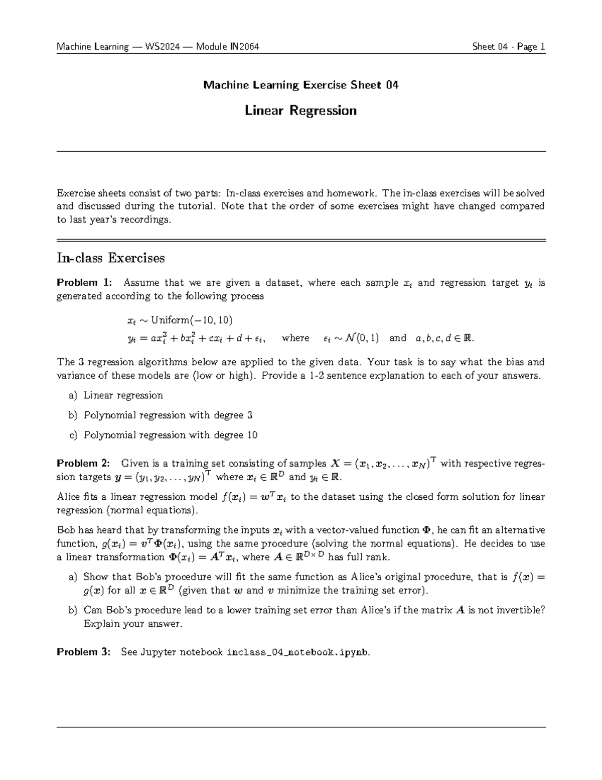 Exercise 04 linear regression - Machine Learning Exercise Sheet 04 ...
