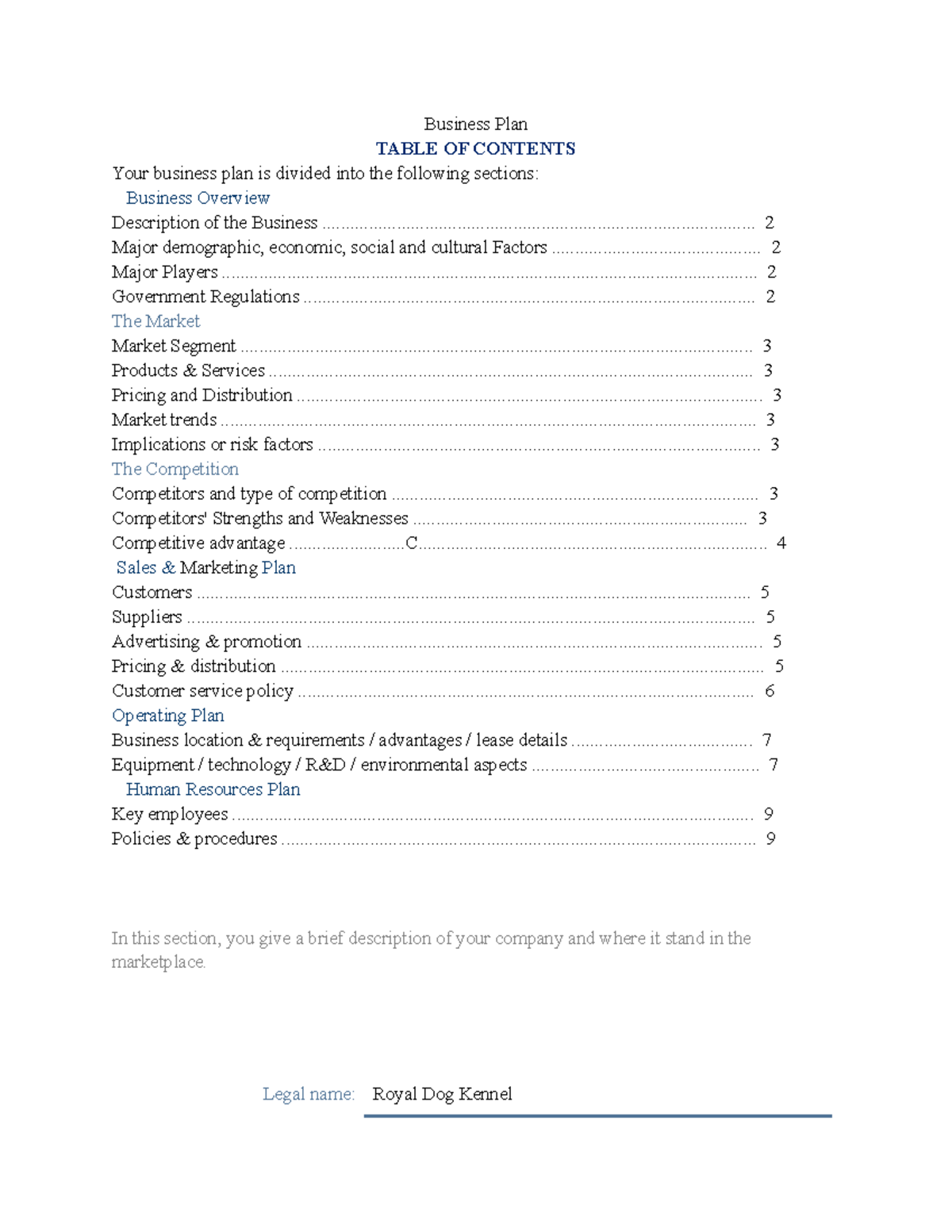 Business Plan Kennel Final project Business Plan TABLE OF CONTENTS