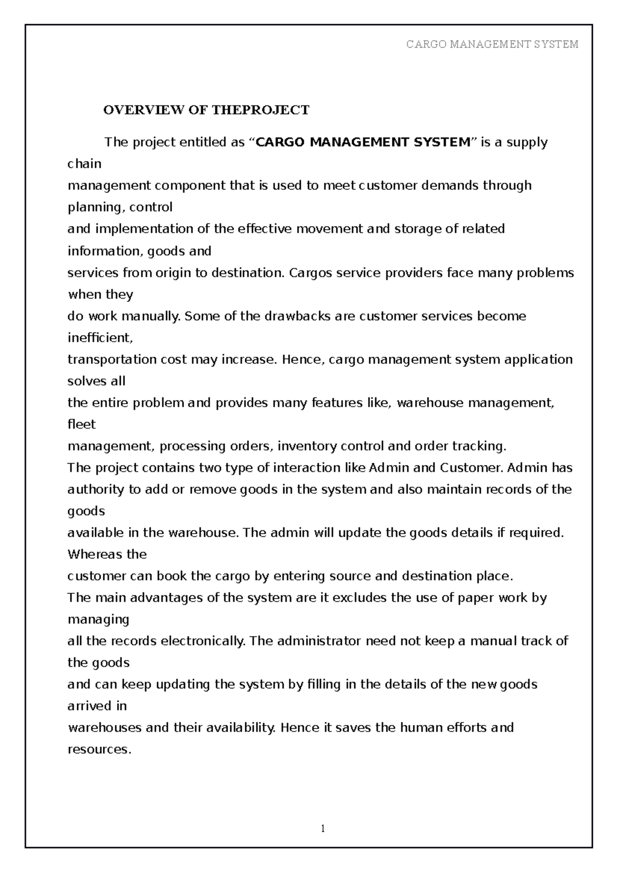 Cargo Management System Final CARGO MANAGEMENT SYSTEM OVERVIEW OF