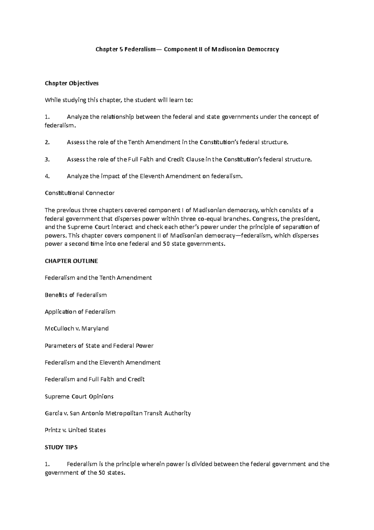 Ch05 Federalism Component II of Madisonian Democracy - Chapter 5 ...