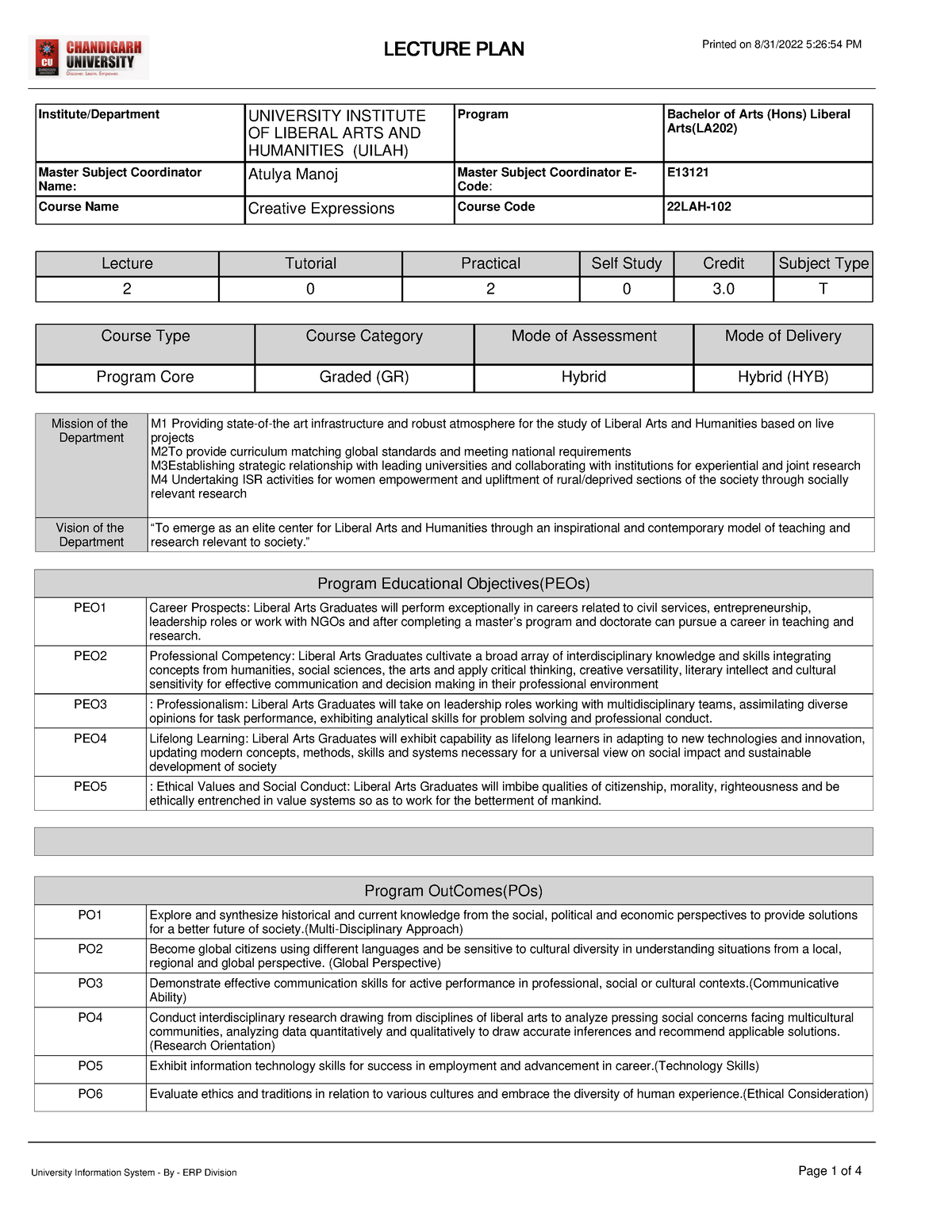 Lecture Plan LA202 22LAH-102 - Program Educational Objectives(PEOs ...