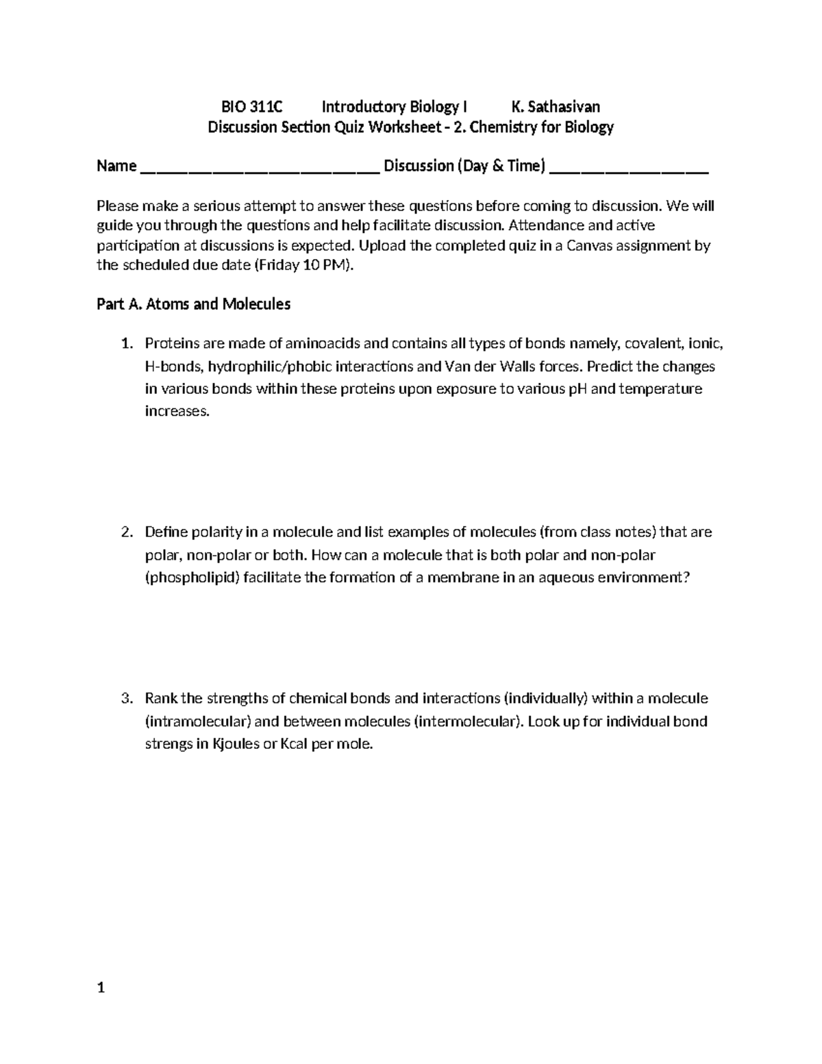 DSQ 2. Chemistry for Biology Fall 2023 - BIO 311C Introductory Biology ...