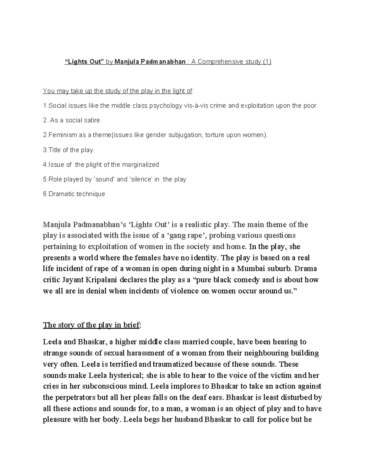 Lights Out Summary BA English Literature “Lights Out” by Manjula