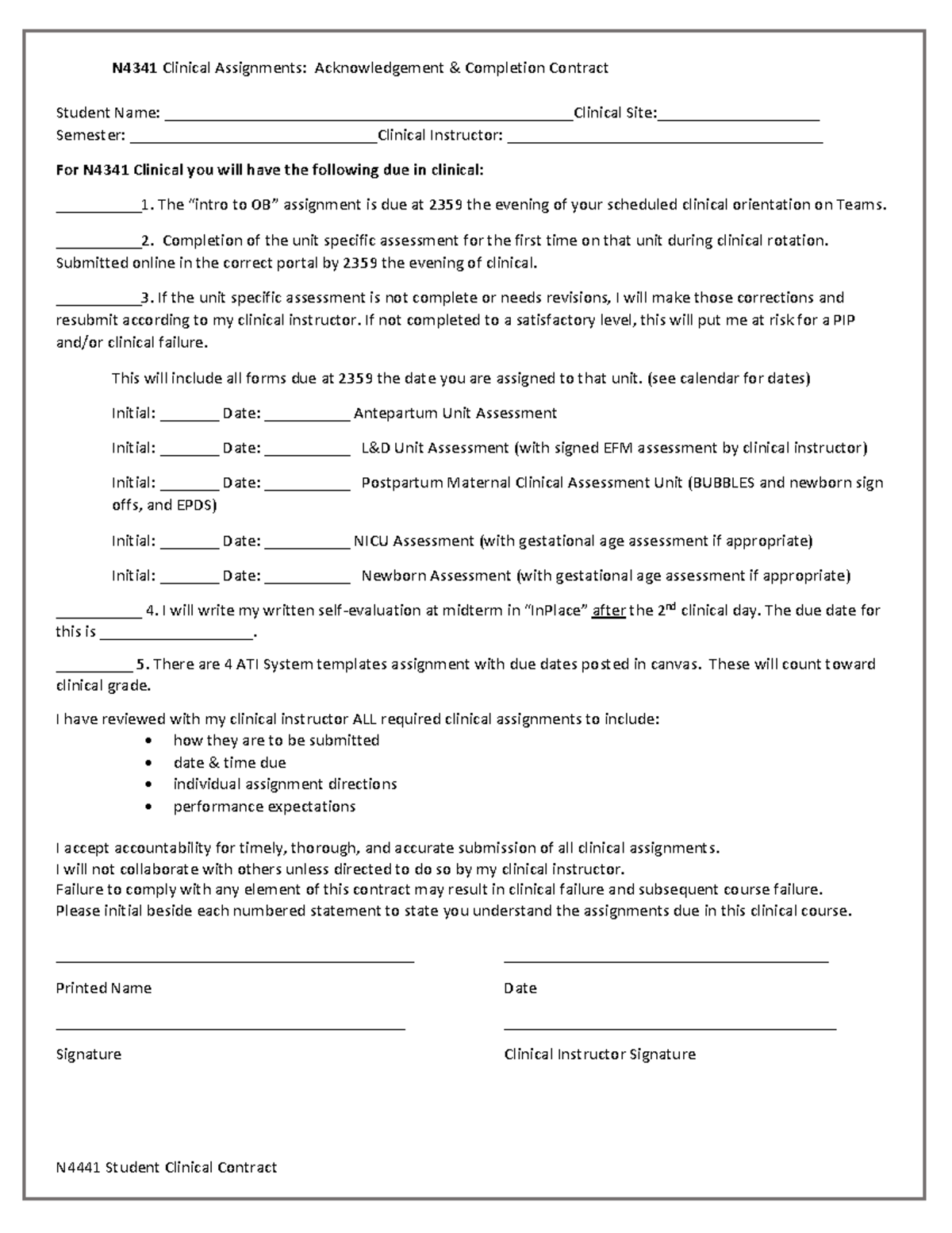 N4341 Clinical Contract-8-2023 - N4441 Student Clinical Contract N4 341 ...
