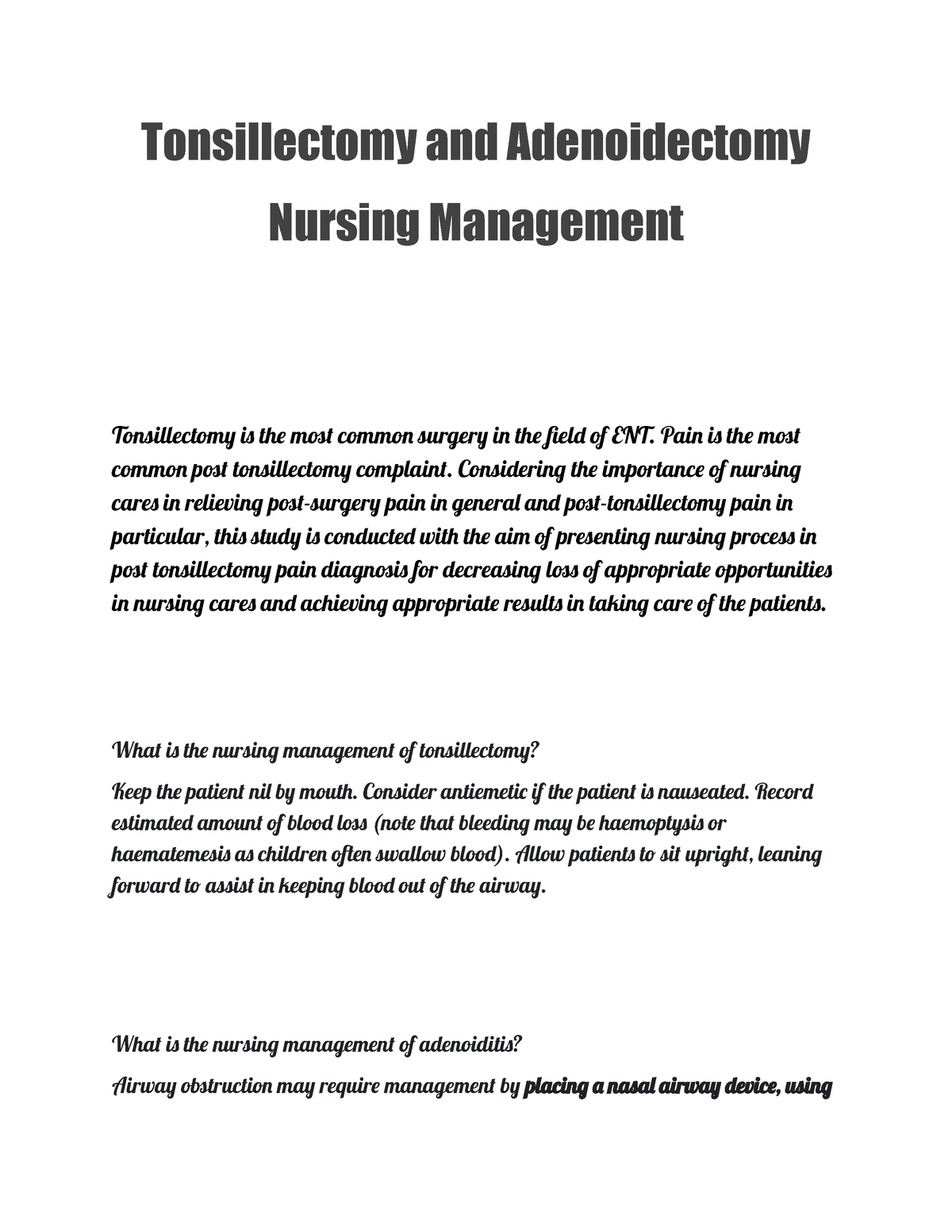 Tonsillectomy And Adenoidectomy Tonsillectomy And Adenoidectomy