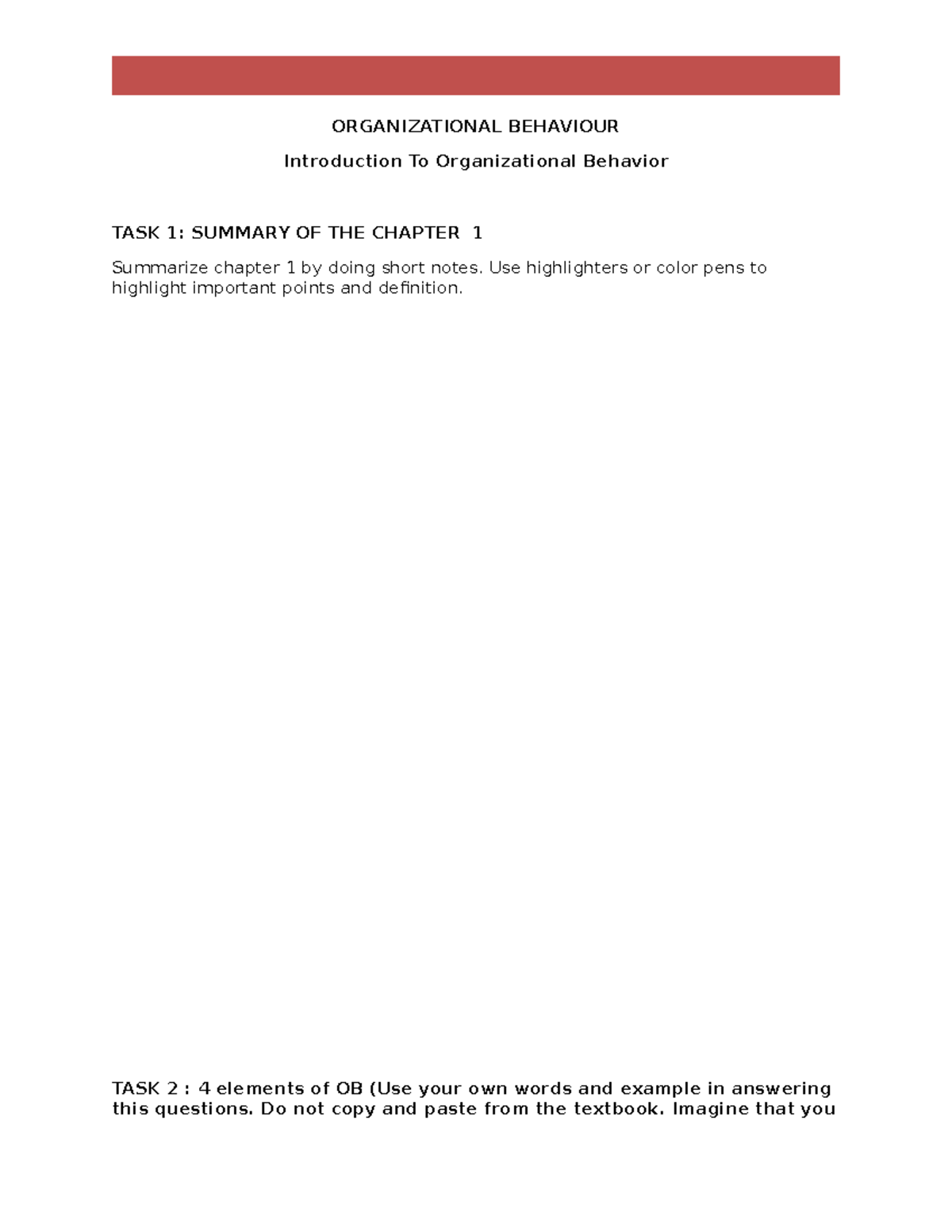 Exercise Chapter 1 - ORGANIZATIONAL BEHAVIOUR Introduction To ...