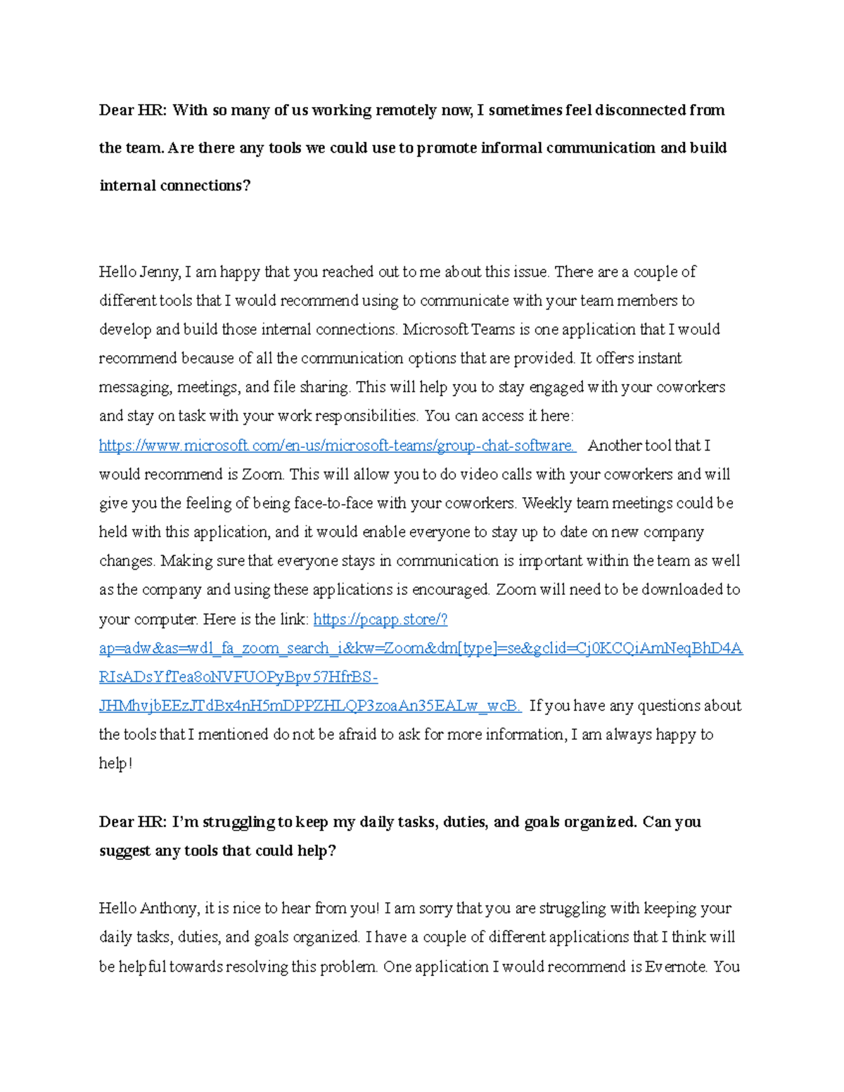 HRM Module Four Assignment - Dear HR: With so many of us working ...