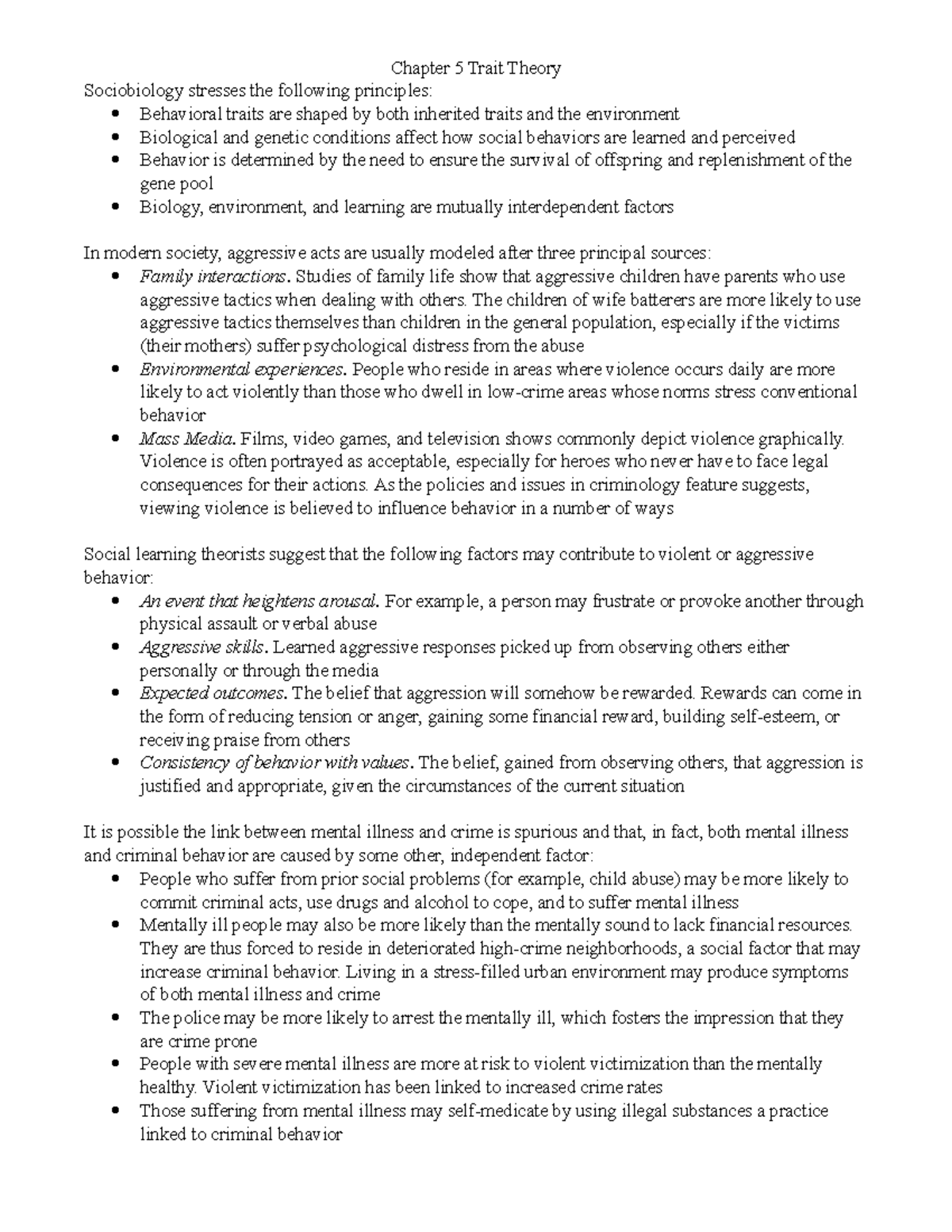 Chapter 5 Trait Theory Notes - Chapter 5 Trait Theory Sociobiology ...