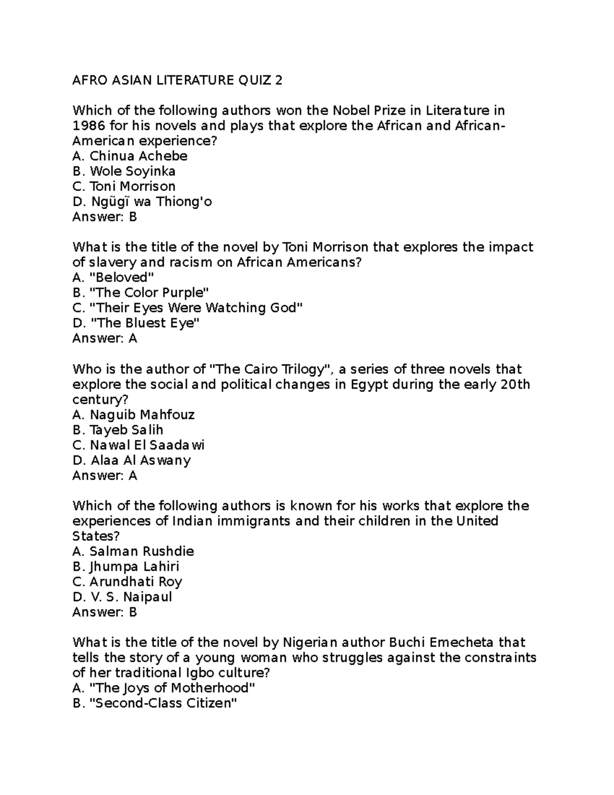 AFRO Asian Literature QUIZ 2 AFRO ASIAN LITERATURE QUIZ 2 Which of