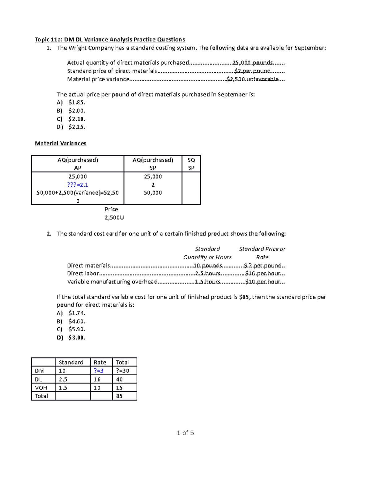 Topic 11a DM DL Variance Analysis Practice Questions with Ans - Topic ...