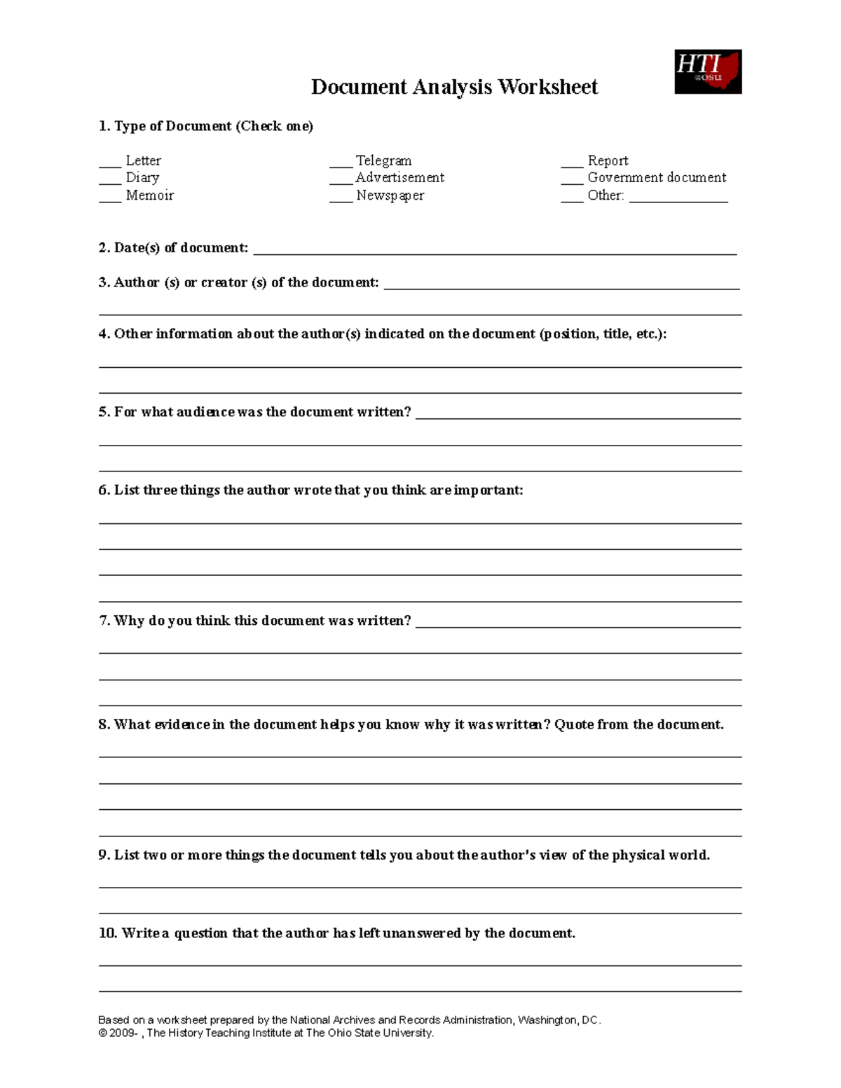 Document analysis worksheet - Document Analysis Worksheet Type of In Written Document Analysis Worksheet Answers