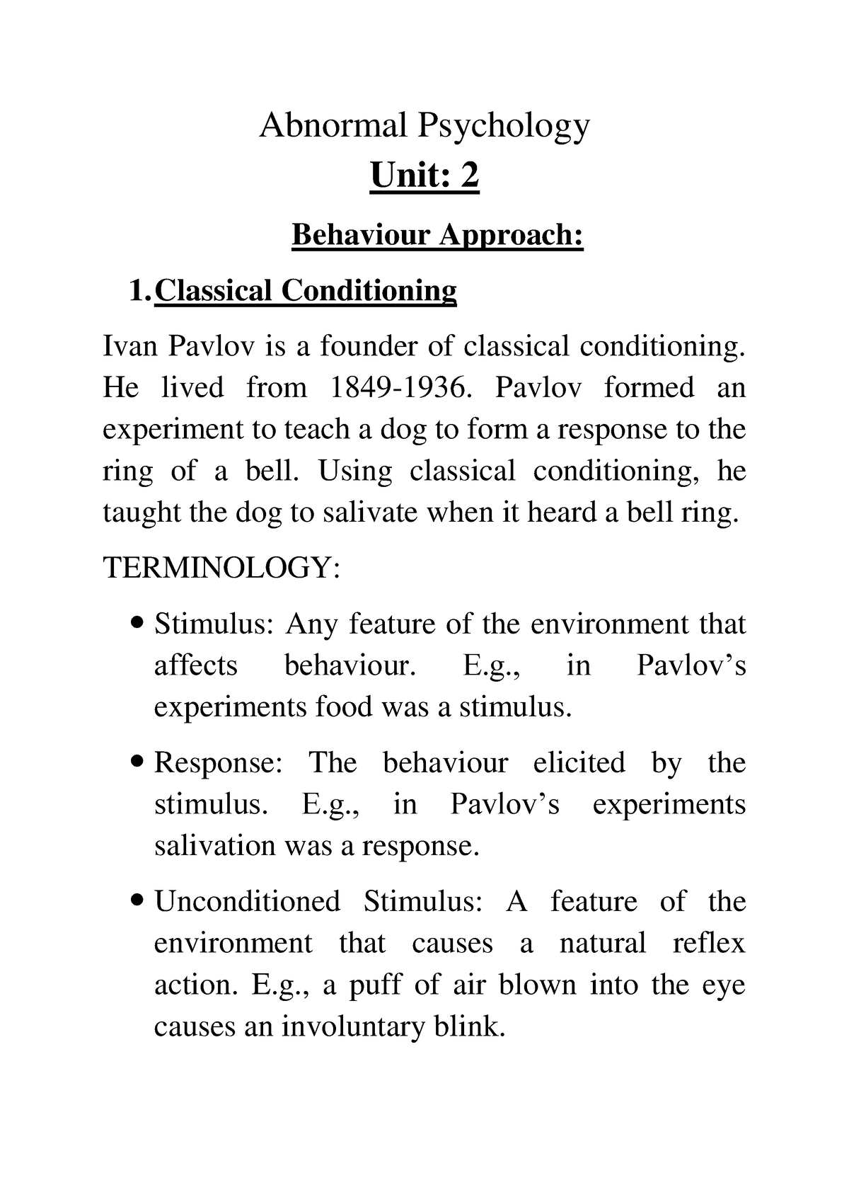 Abnormal Psychology Unit 2 - Abnormal Psychology Unit: 2 **Behaviour Approach: Classical - Studocu