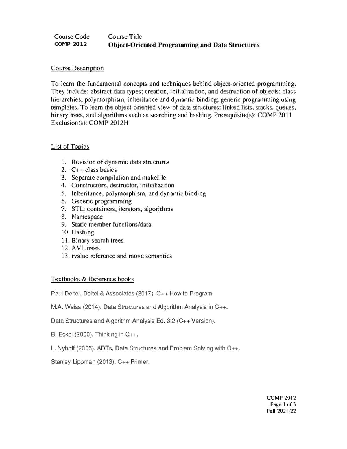 COMP2012 Fall 21-22 - syllabus - COMP 2012 Page 1 of 3 Fall 2021 - 22 ...
