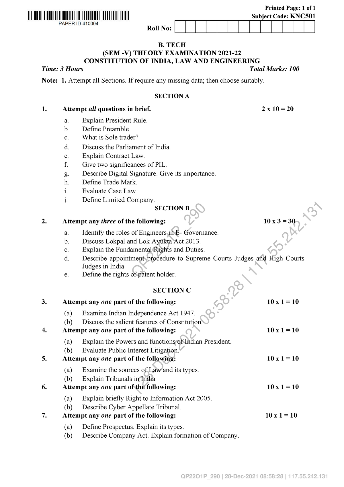 Constitution OF India LAW AND Engineering KNC 501 1 - QP22O1P_ | 28-Dec ...