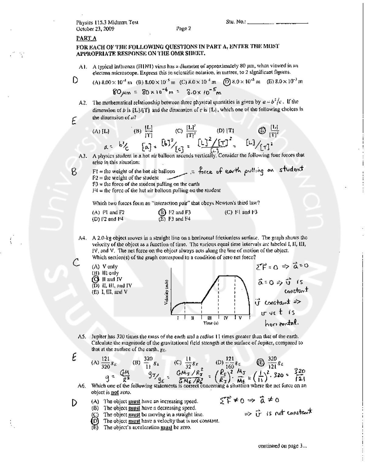 Exam 2009, Questions And Answers - Physics Midterm Test Stu. No October ...