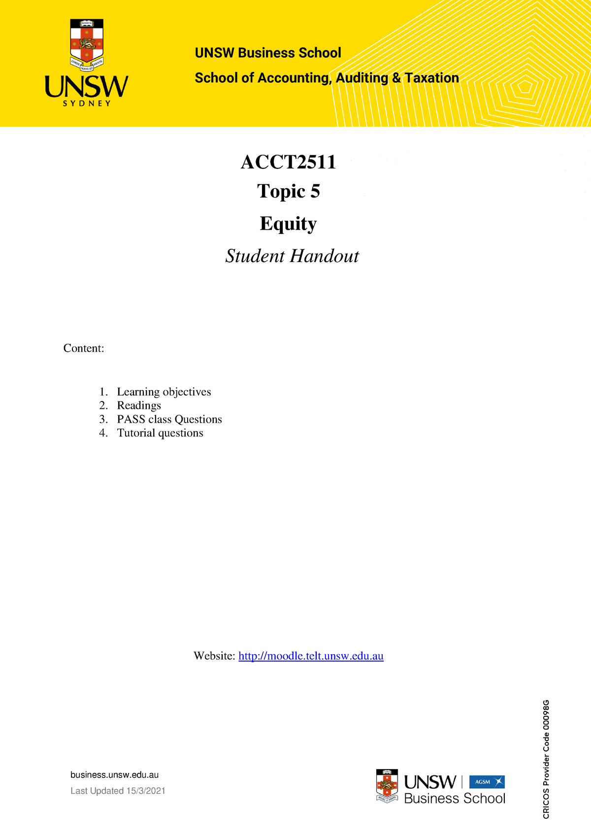 ACCT2511 Topic 5 Handout - UNSW Business School School Of Accounting ...