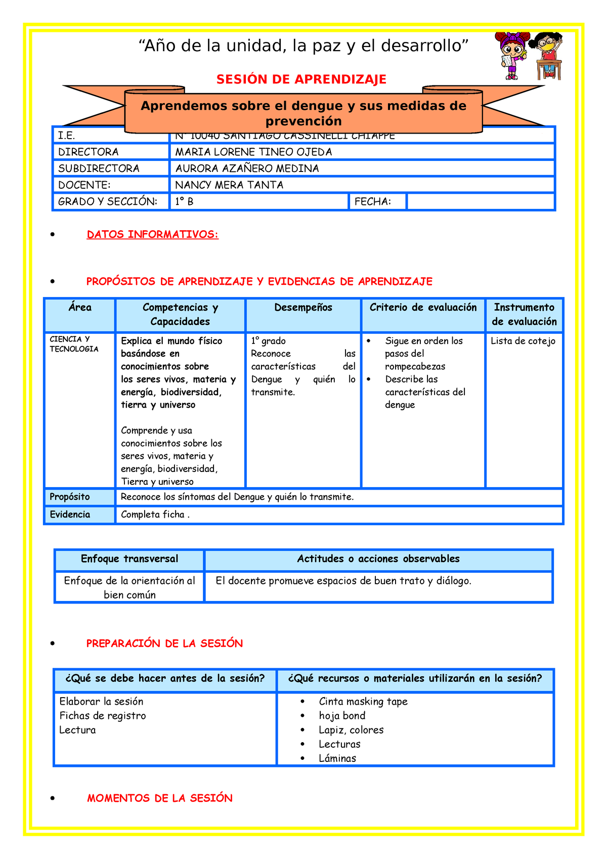 EL Dengue Y SUS Síntomas - SESIÓN DE APRENDIZAJE I. N° 10040 SANTIAGO ...