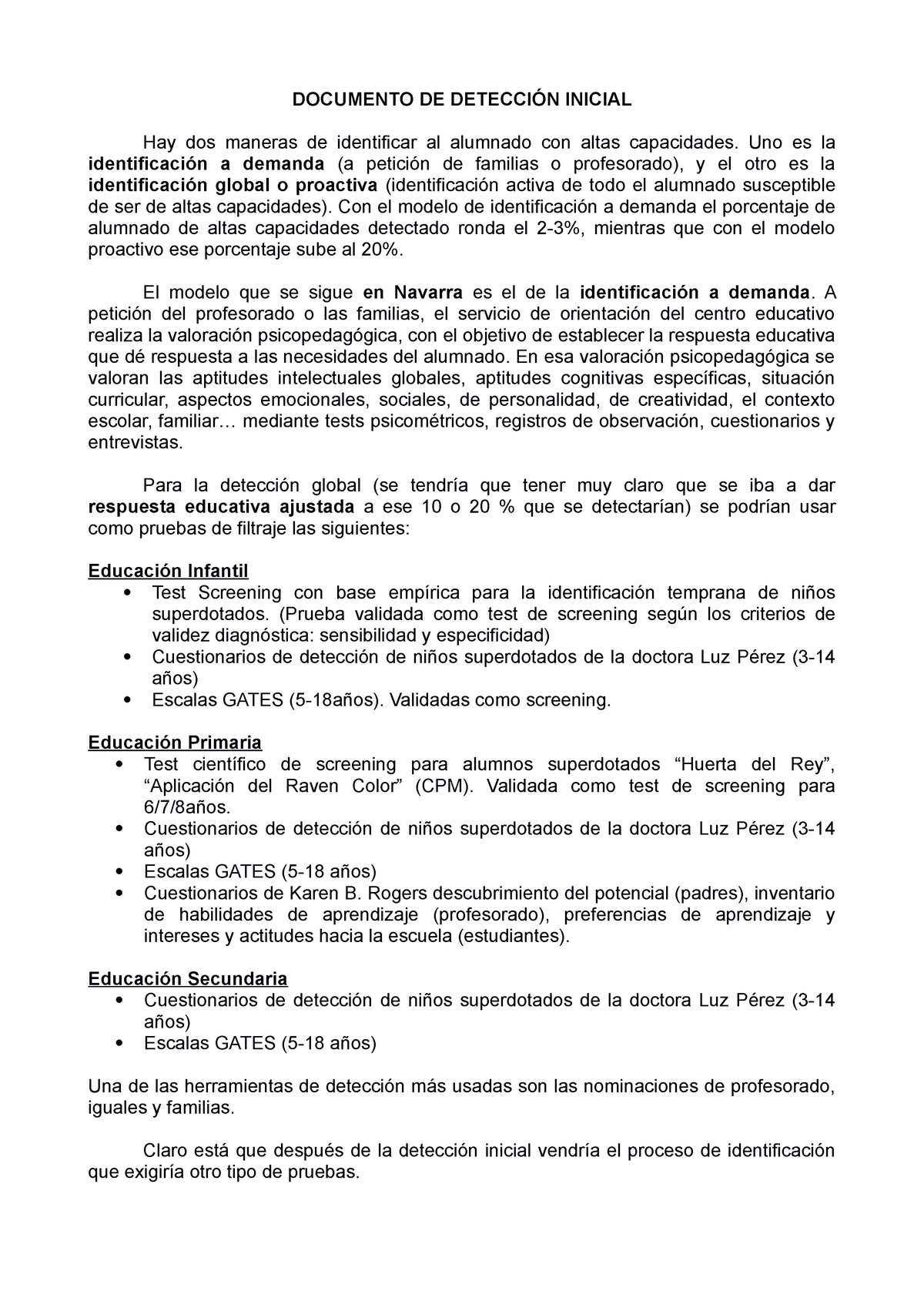 Documento DE Detección Inicial Altas Capacidades - DOCUMENTO DE ...