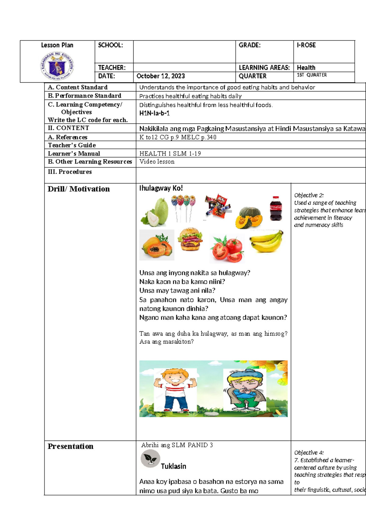 COT Lesson Plan Sample - Lesson Plan SCHOOL: GRADE: I-ROSE TEACHER ...