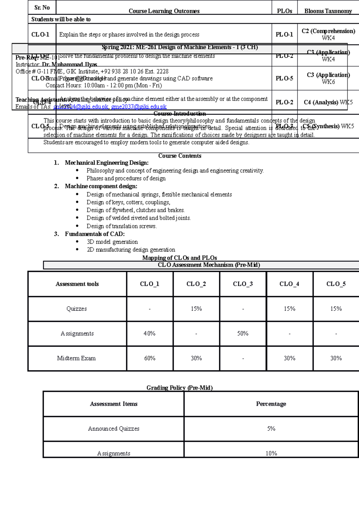 Sp21ME261, Course outlinev0 Spring 2021 ME261 Design of Machine